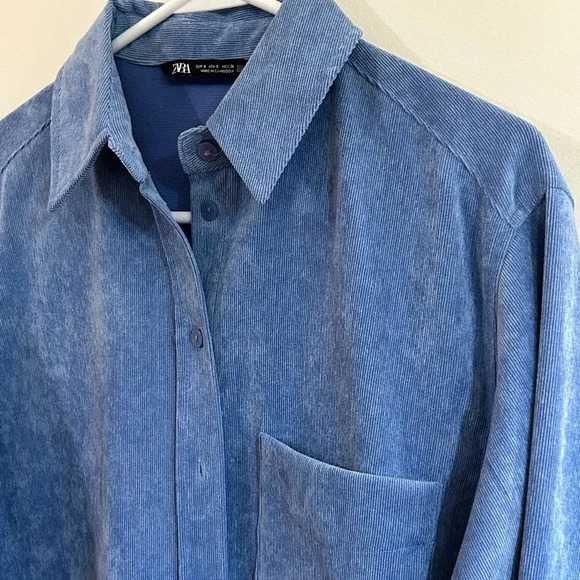 NWOT ZARA Fine-Waled Corduroy Shirt Button Up Oversized Blue Shacket size S - Picture 6 of 11
